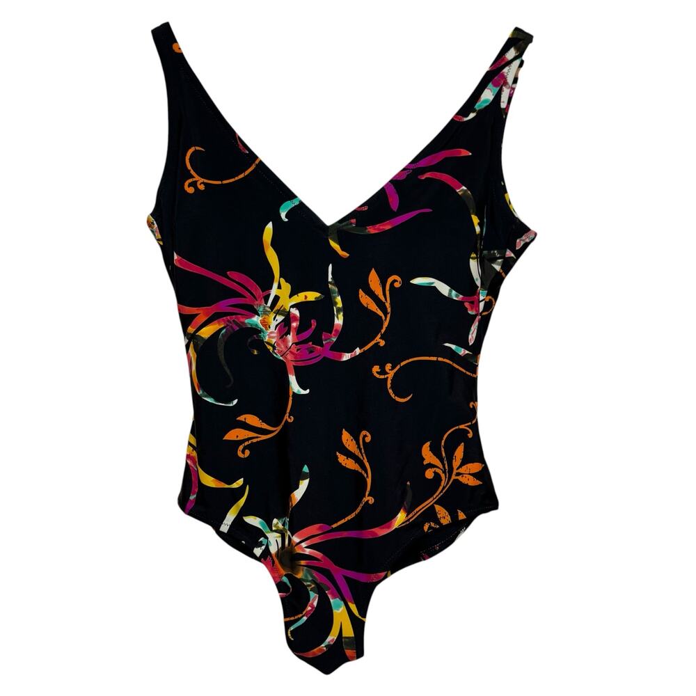 Gottex Size 12 Black Swirl Print Tank Style One Piece Swimsuit